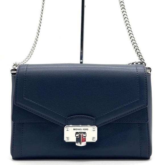 Michael Kors Kinsley leather Medium shoulder Flap Crossbody Bag Navy Blue